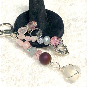 Genuine rose quartz and sea glass keychain/fob/purse bling NWOT